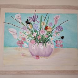 43x33 wood framed painting of a floral arrangement in a vase with butterflies