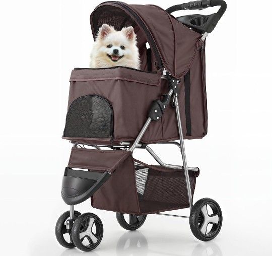 MoNiBloom Foldable Dog Strollers for Small Dogs with Weather Cover, 3 Wheels Pet Strolling Cart for Dogs and Cats with Storage Basket and Cup Holder