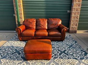 Cognac/ Chestnut Leather Sofa & Ottoman