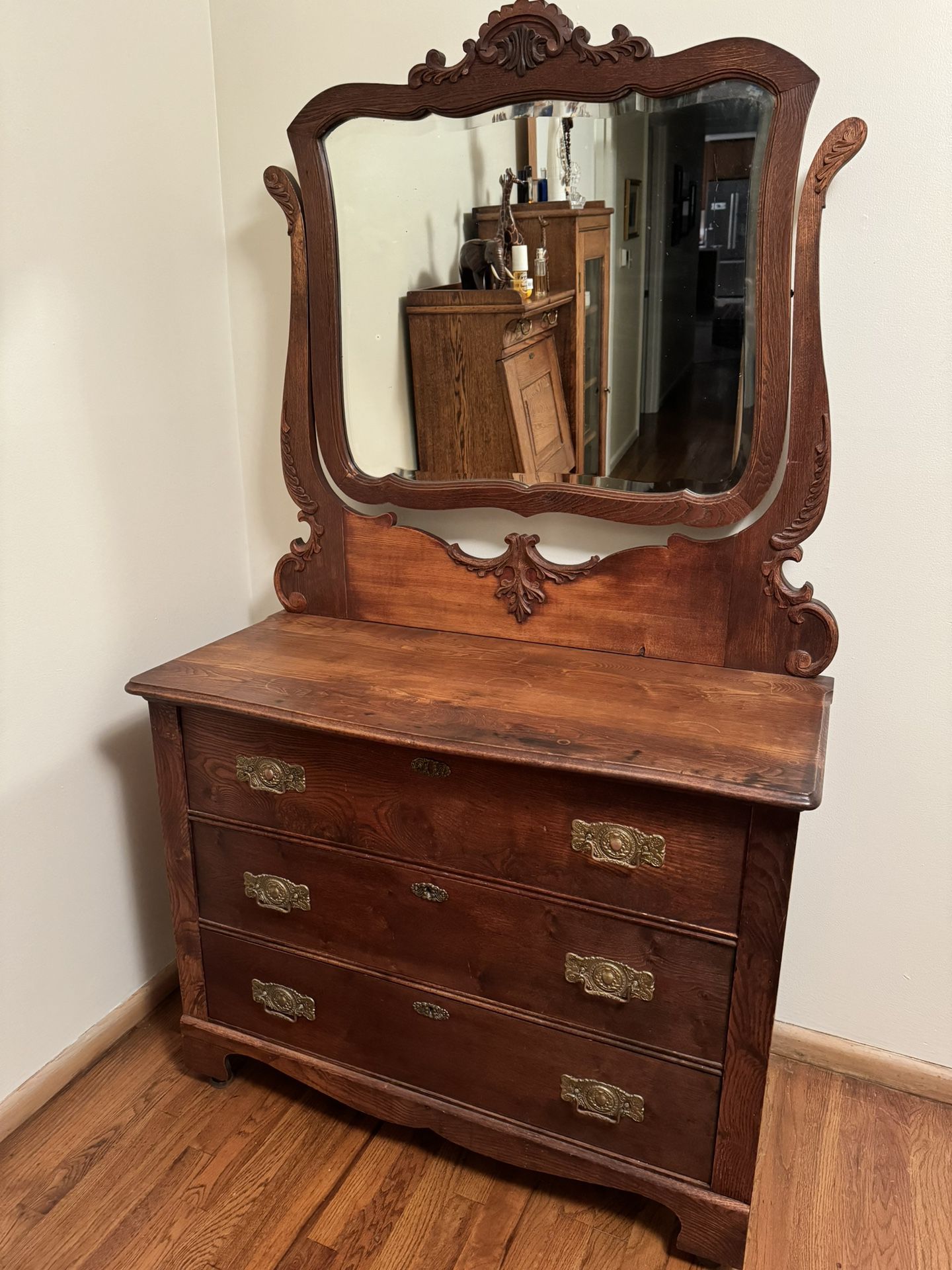 Antique Oak Dresser With Beveled Mirror 