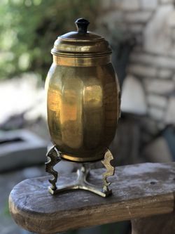 Vintage MCM Lidded Brass Canister & Hollywood Regency Stand Set