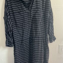 Ralph Lauren Shirt Dress  Pure Silk Long Sleeve Belt Striped Dark Blue White 8