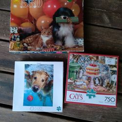Lot Of 3 Jigsaw Puzzles Dog Cats