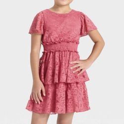 Zenzi Girls Tiered A-Line Dress, All Over Lace, Smocked Waist, Easter Spring Summer, Rose Pink Color, Size XS/Extra Small 4/5 *Brand New with Tags*
