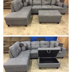 Grey Linen Sectional Couch And Ottoman