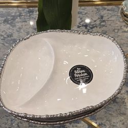 Two Brand New Porcelain Pampa Bay White and Silver 2 Section Serving Platters