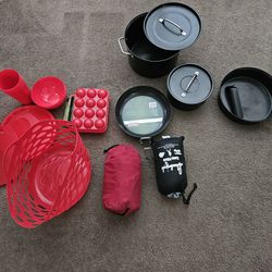 Camping Pots Pans, Pillow, Air Mattress, Egg Holder Cups Plates Bowls 
