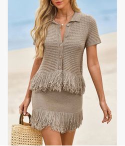 Piece Crochet Outfits Short Sleeve Button Knit Sweater Tops F ringe Skirt Summer Vacation Sets