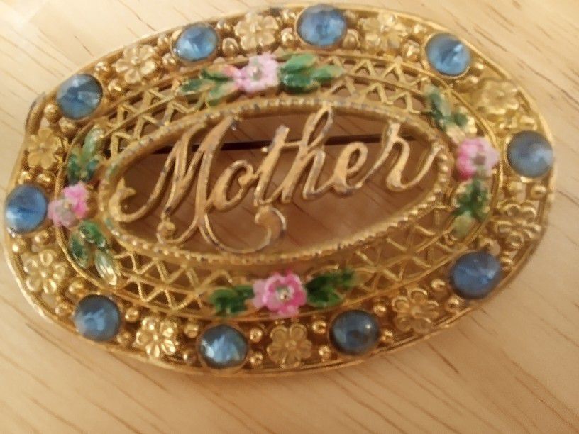 Vintage enamel flower Mother rhinestone Brooch Pin

