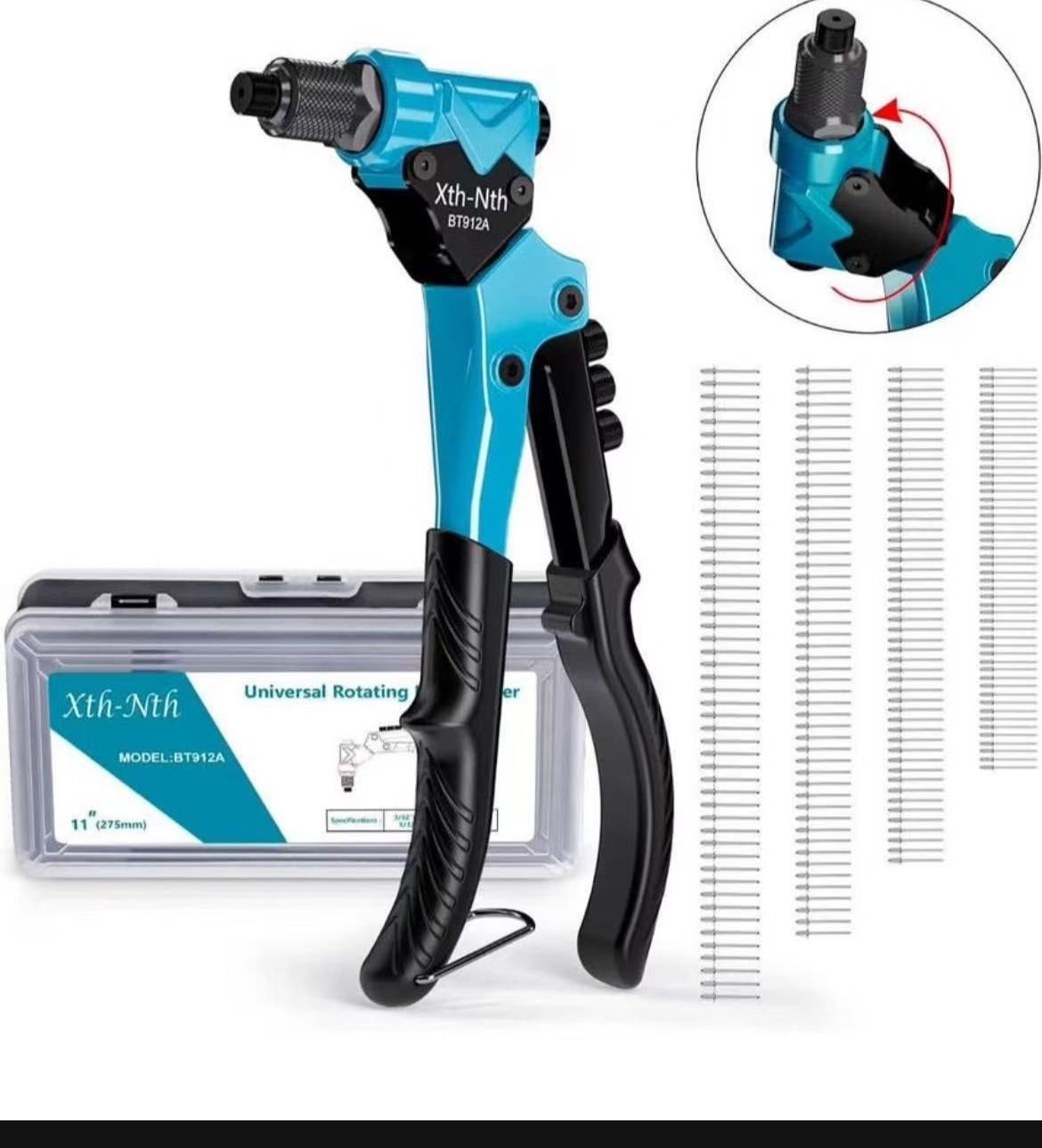 Xth-Nth Rivet Gun with 200 Rivets-Hand Rivet Tool 360° Swivel Head Pop Rivet Gun Kit,11" Pop Rivet Tool with 4 Manual Interchangeable Rivet Heads Dril