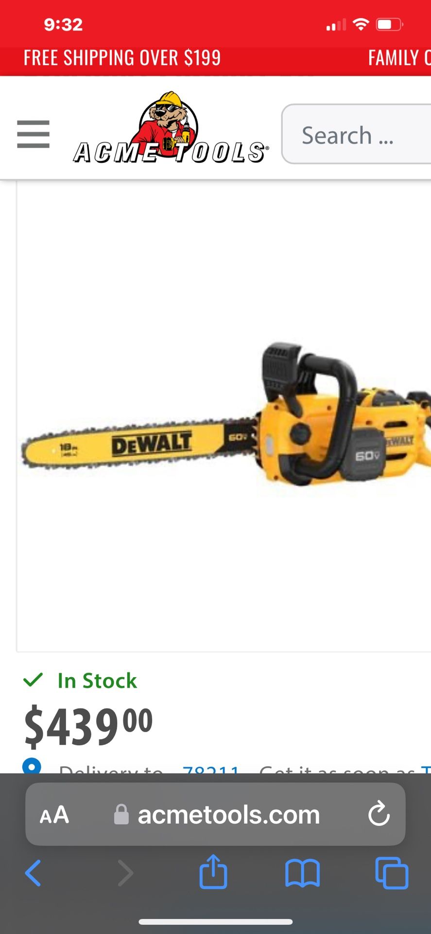 NEW DEWALT FLEXVOLT 18” CHAINSAW TOOL ONLY