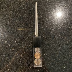 Vintage Lucite letter Opener 9” w/1976 Bicentennial US Coins Dime Penny Nickel