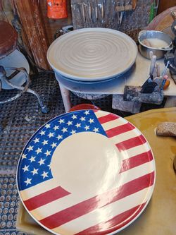 Selling my original 1 of a kind hand thrown and hand painted 15ins American flag platter with 2 bowls for dips salad etc