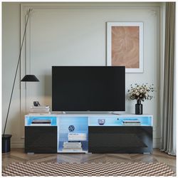DMAITH TV Stand with LED Lights, 3 Storage Cabinet and Open Shelves High Gloss Entertainment Center Media Console Table Storage Desk for for 82/85/86