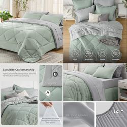 Sage Green King Comforter Set - 7 Pieces Reversible Bed Set Sage Green Bed in a Bag King with Comforters, Sheets, Pillowcases & Shams, King Bedding Se