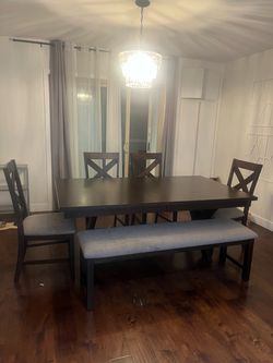 Brown Wood Farmhouse Rectangular 72-90" Extendable Dining Table With Bench + Side Chair Set For 6