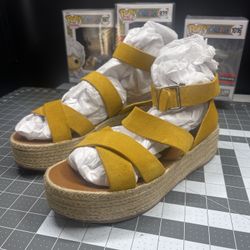 H&M Sandals Womens 9.5 Yellow Platform Buckle Ankle Strappy Suede Leather 