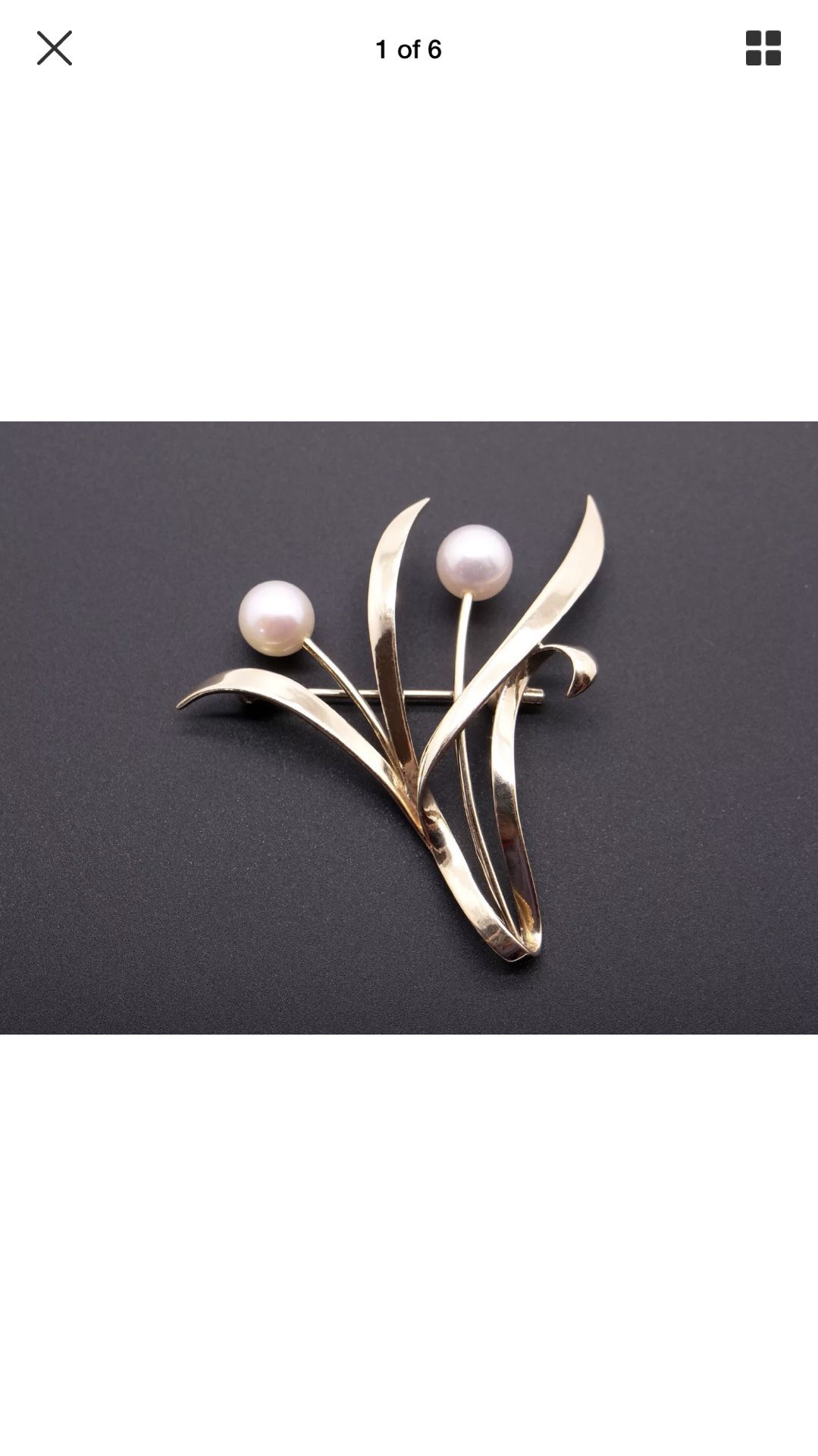 Mikimoto 14k Yellow Gold 6.5mm Round White Pearl Leaf Flower Vine Brooch Pin