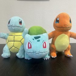 Pokemon Plushies Squirtle, Bulbasaur, Charmander 