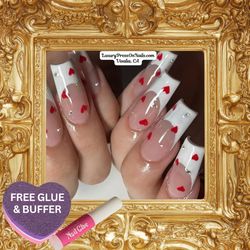 White French Heart Valentine’s Day Press On Nails 24 Pc Set - FREE GLUE & BUFFER