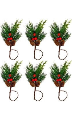 Christmas Decorations 12Pcs Christmas Napkin Rings Pine Cones Needles Napkin Holders with Red Berrie