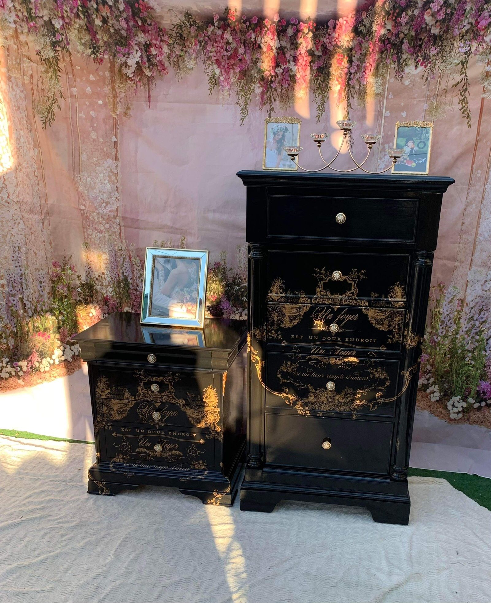 French Boho Style Wooden Bedroom Set Colors Black Gloss And Gold Metallic Set Including Bed,rails,slants,nightstand,tall Dresser King /California King