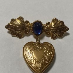 Vintage Locket Dangle Heart Blue Teardrop Rhinestone Brooch Pin