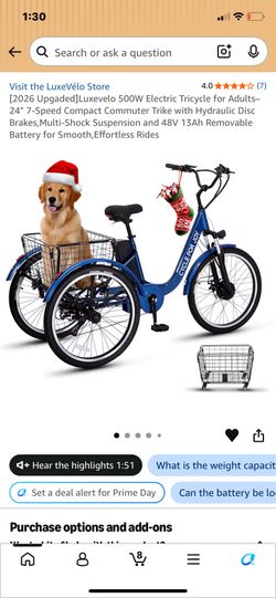 [2026 Upgaded]Luxevelo 500W Electric Tricycle for Adults–24" 7-Speed Compact Commuter Trike with Hydraulic Disc Brakes,Multi-Shock Suspension and 48V 