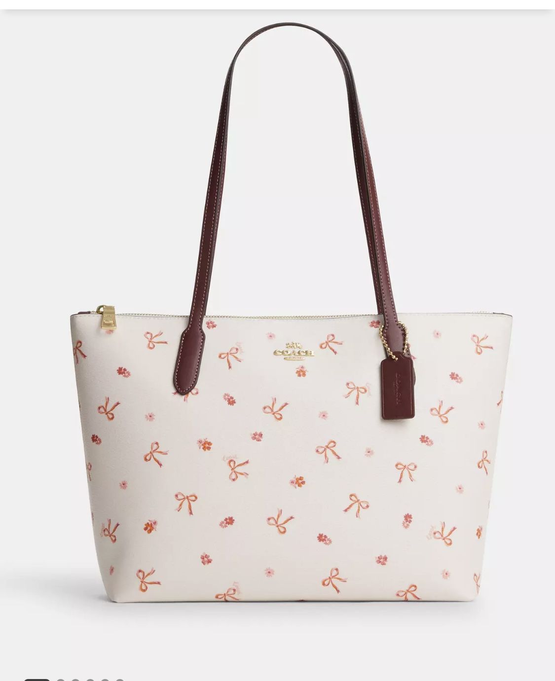 【美品】COACH ジップ トップ トート・ボウ リボン プリント CN627 NWT Coach Zip Top Tote With Bow Print CN627 Chalk/ Wine Multi for