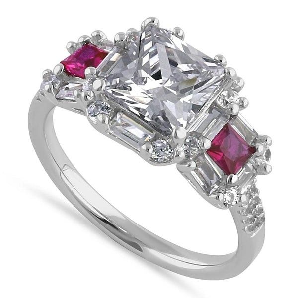 Stock
Sterling Silver Classic Princess, Emerald & Round Cut with Clear & Ruby CZ Accents Ring