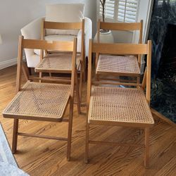 Set 4- Vintage Cane Mid-Century Rattan Folding Wooden Chairs 1970s Natural Sturdy Space Savers Chair retro Parties Hosting Holidays Collectible Boho C