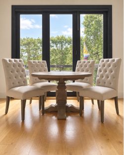 RH Restoration Hardware Dining Set – Salvaged Wood Round Table + 4 Bennett Parsons Chairs