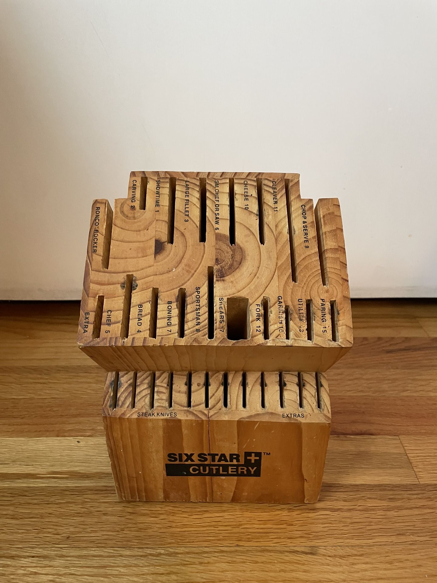 Ronco SIX STAR Cutlery 30 Slot Knife Block Solid Wood Labeled Slots Honey Oak