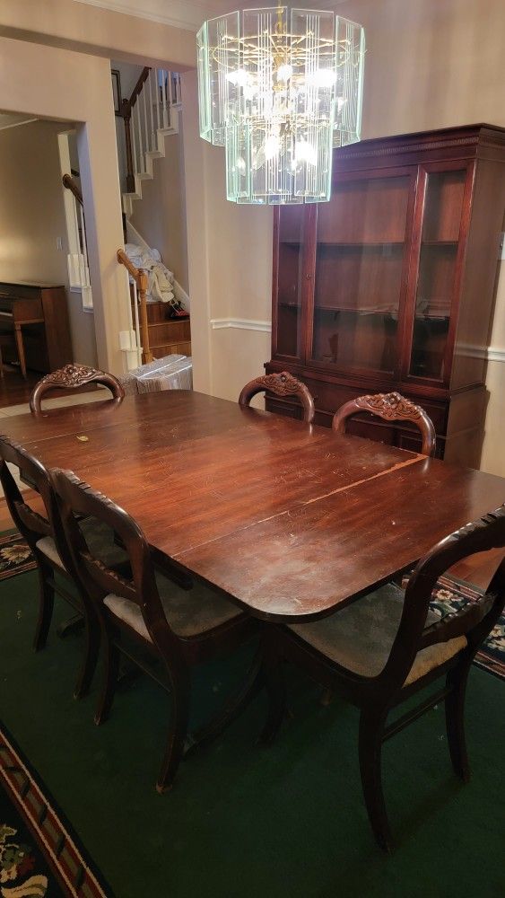 Antique Cherry Dining Set – Expandable Table + 6 Carved Chairs + Cabinet (Great Refinish Project!)