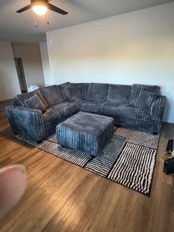 Gray Fluffy Corduroy Sectional with Ottoman