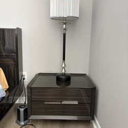 2 Modern Nightstands & Matching Tall Lamp - Ebony Wood Finish Set