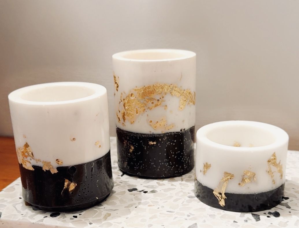 Resin Grey And White With Gold Accent Tea Light Candle Holders