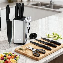 10pcs Kitchen Knife Set with Stainless Steel Block-Dishwasher Safe & Non-Slip Ergonomic Handles,Complete Chef, Santoku, Paring Knives & Shears for Hom
