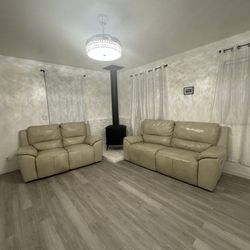 Ashley Furniture - Beige Leather Couch Set