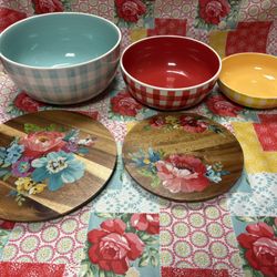 Pioneer Woman 5 Piece Floral Check Nesting Bowls