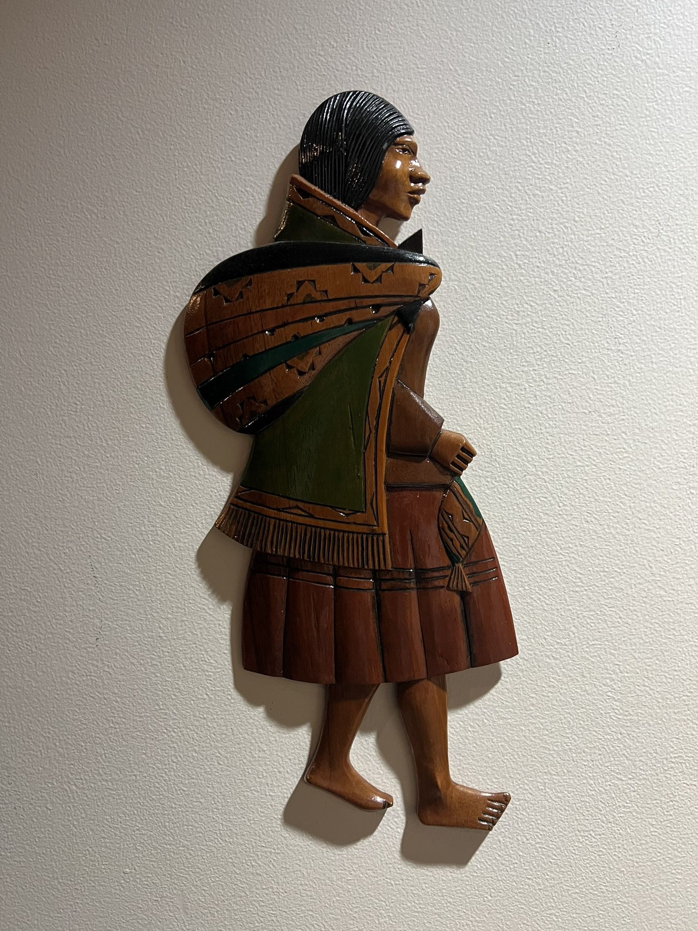 Peruvian Indigenous Glazed Wood Carved Woman Bag & Fish Wall Decor