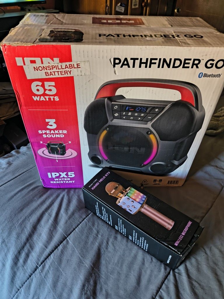 New ION Audio Pathfinder Go Portable Bluetooth 3 Speaker Rechargeable Boomin Karaoke Sound System Set.