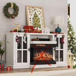 TV Stand Without Fireplace (Fits TVs up to 65 inches) — Multimedia Entertainment Center with Storage, Distressed White Finish