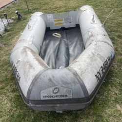 Hydro force Inflatable boat ,manual Air pump included holds air for about a week   Still plenty of life left and presents well. Floor , transom is goo
