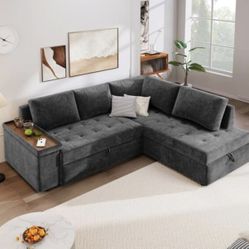 Hars 3-Seater Polyester Convertible Sectional Sofa Bed Part in Dark Grey