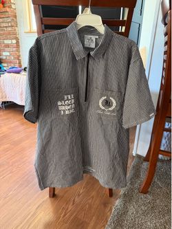 L Oversized Pinstriped Hasta Muerte Work Shirt