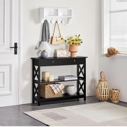 Console Table with Drawer, 39.5 Inch Narrow Sofa Table with Storage Shelves, 3-Tier Wood Entryway Table for Hallway/Living Room/Foyer, Black