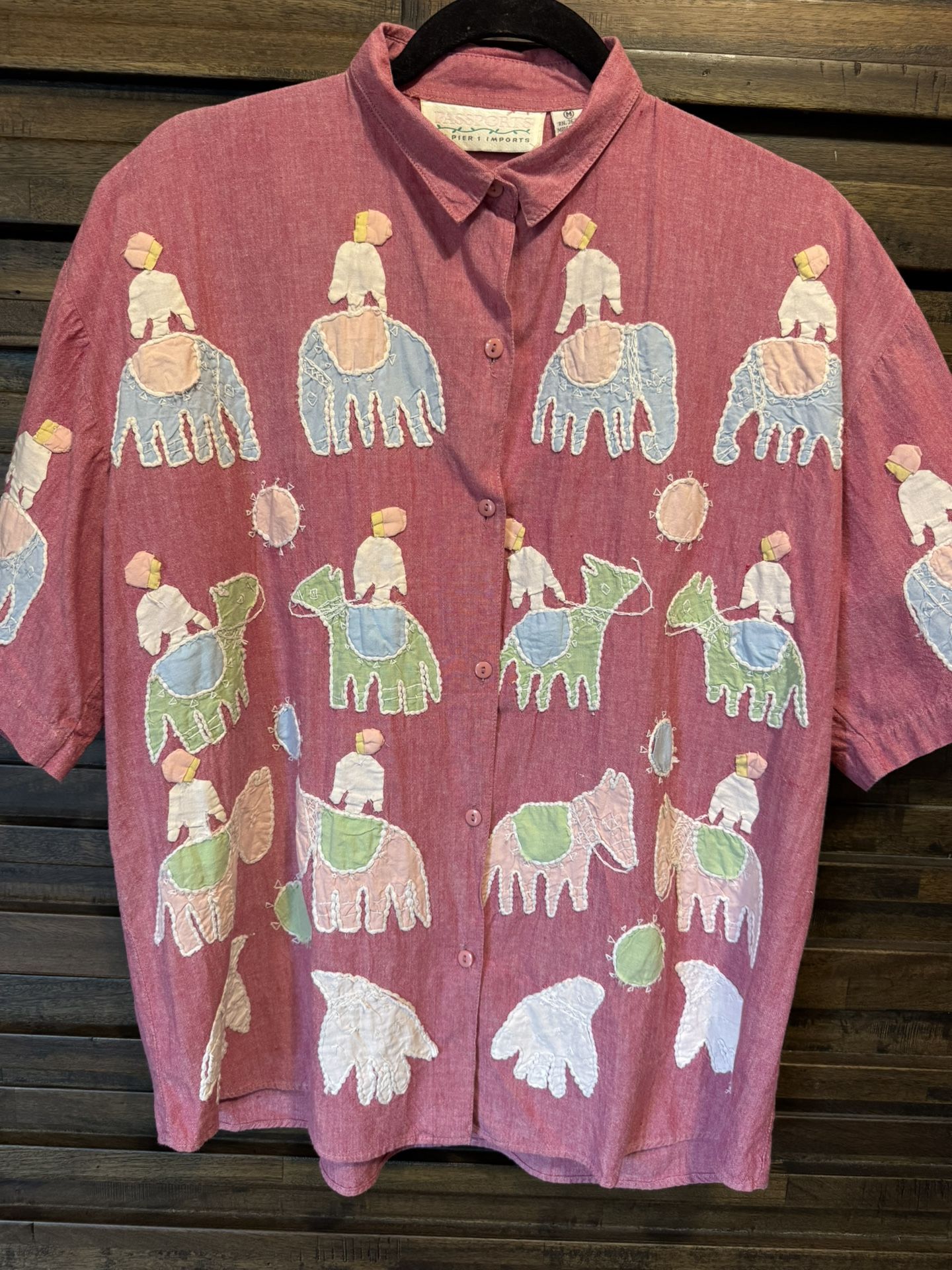 Passports Pier 1 Imports Womens MED Pink Button Down Shirt Elephant Donkey India