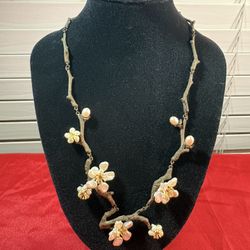 Michael Michaud Style Cherry Blossom Necklace Oxidized Bronze Freshwater Pearls