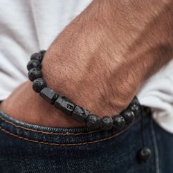 Natural Lava Stone Bracelet with Tourmaline Charms Adjustable Length 8mm Beads Black Gemstones Men’s Jewelry Handmade Gifts for Him New